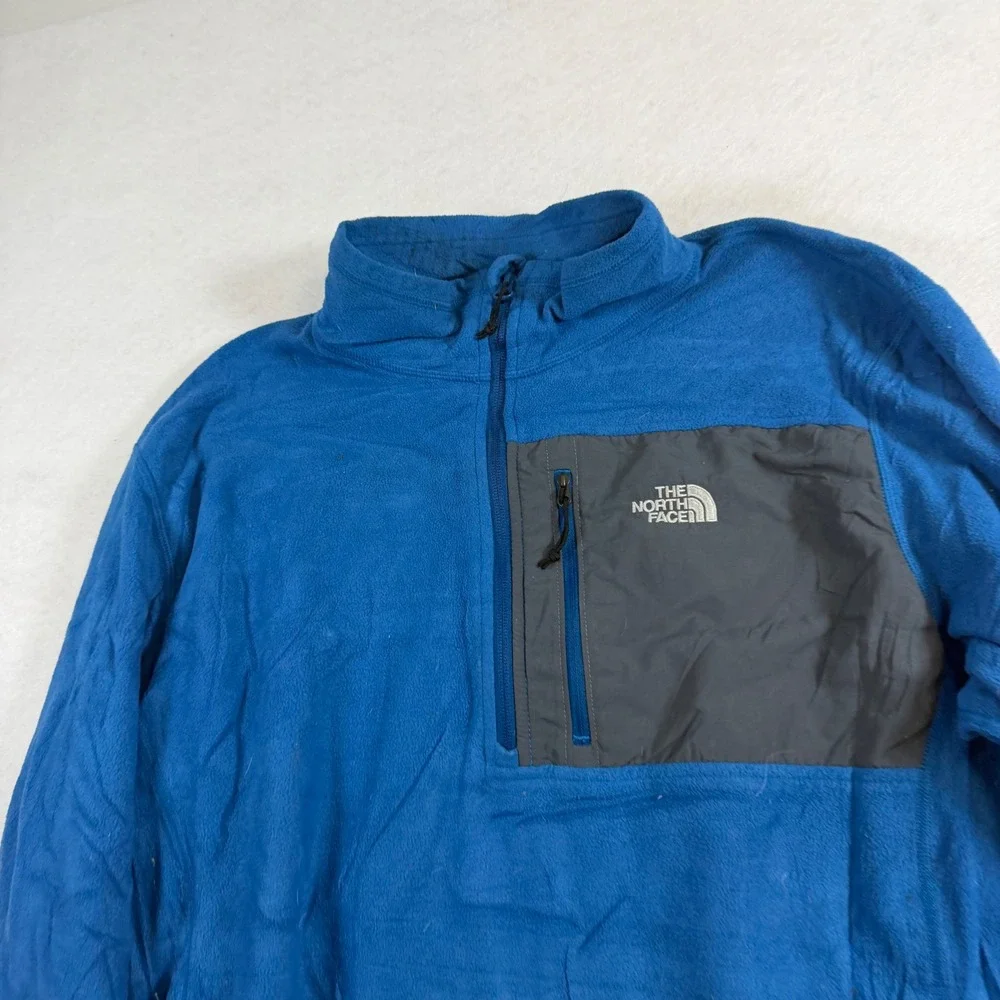 The North Face Mens XL Blue Quarter Zip Fleece Pullover Grey Chest Pocket 8132